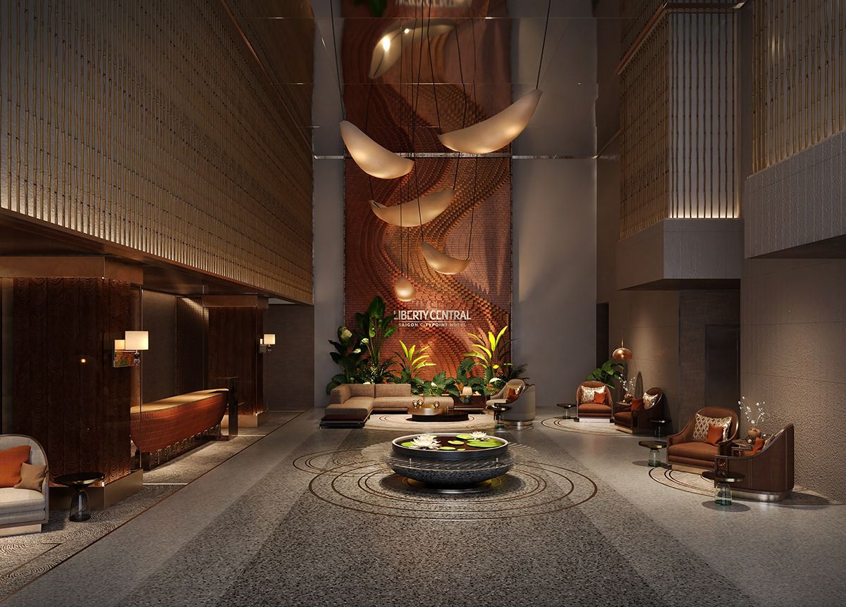 Sophisticated hotel lobby with custom lighting and comfortable seating areas