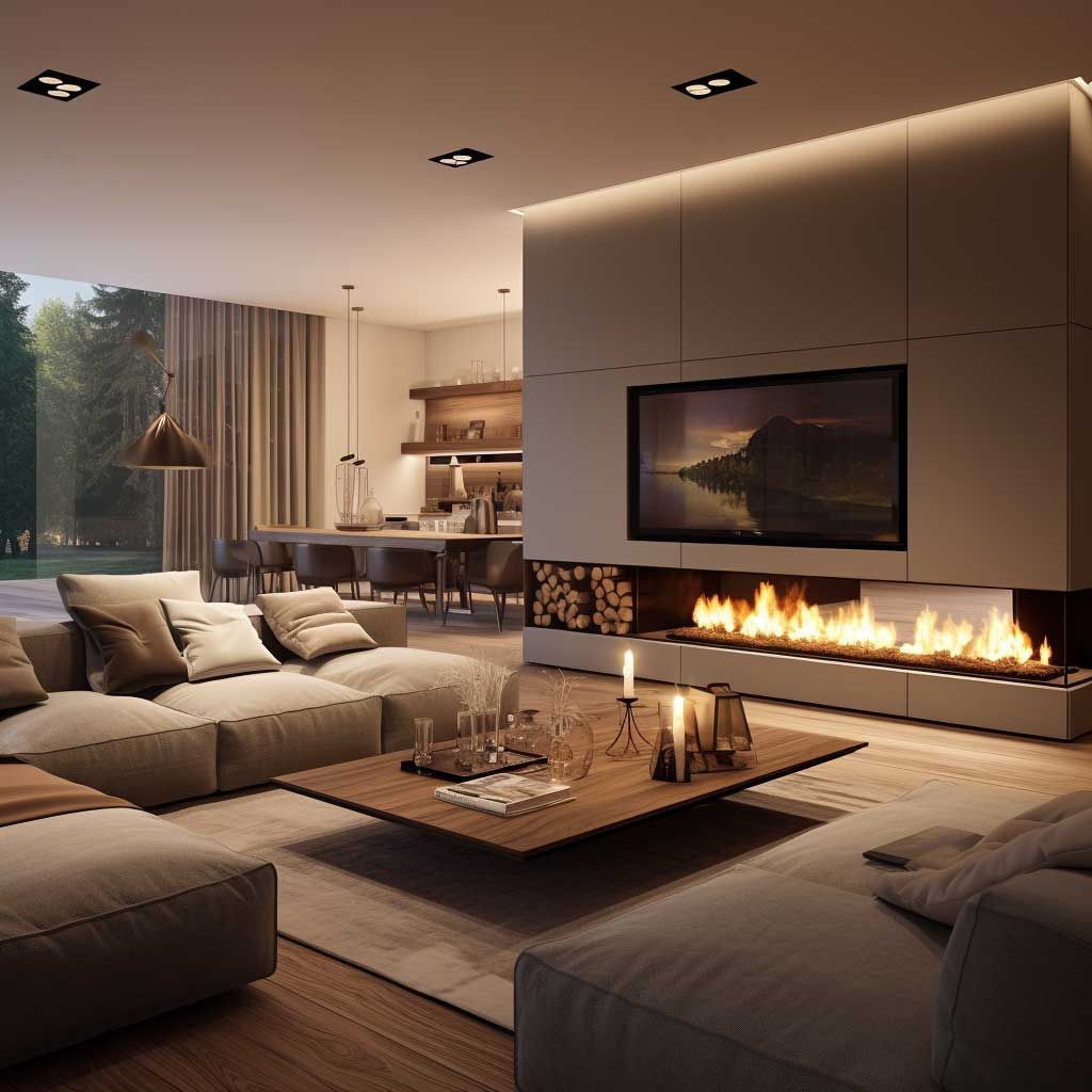 Modern living room with panoramic lake views
