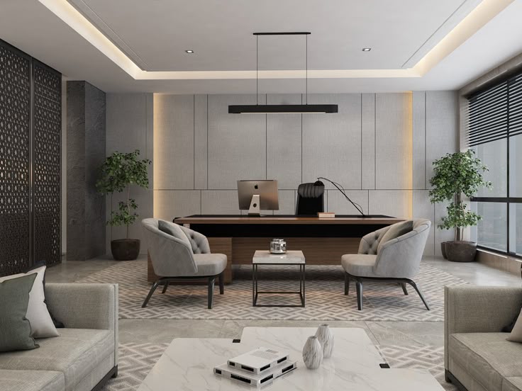 Sophisticated executive office with custom desk and elegant furnishings